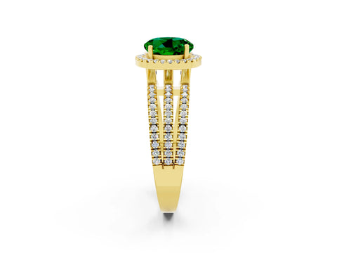 Yellow gold {shape_name} Emerald Halo Engagement Ring with Split Shank and Four-Prong Setting_2