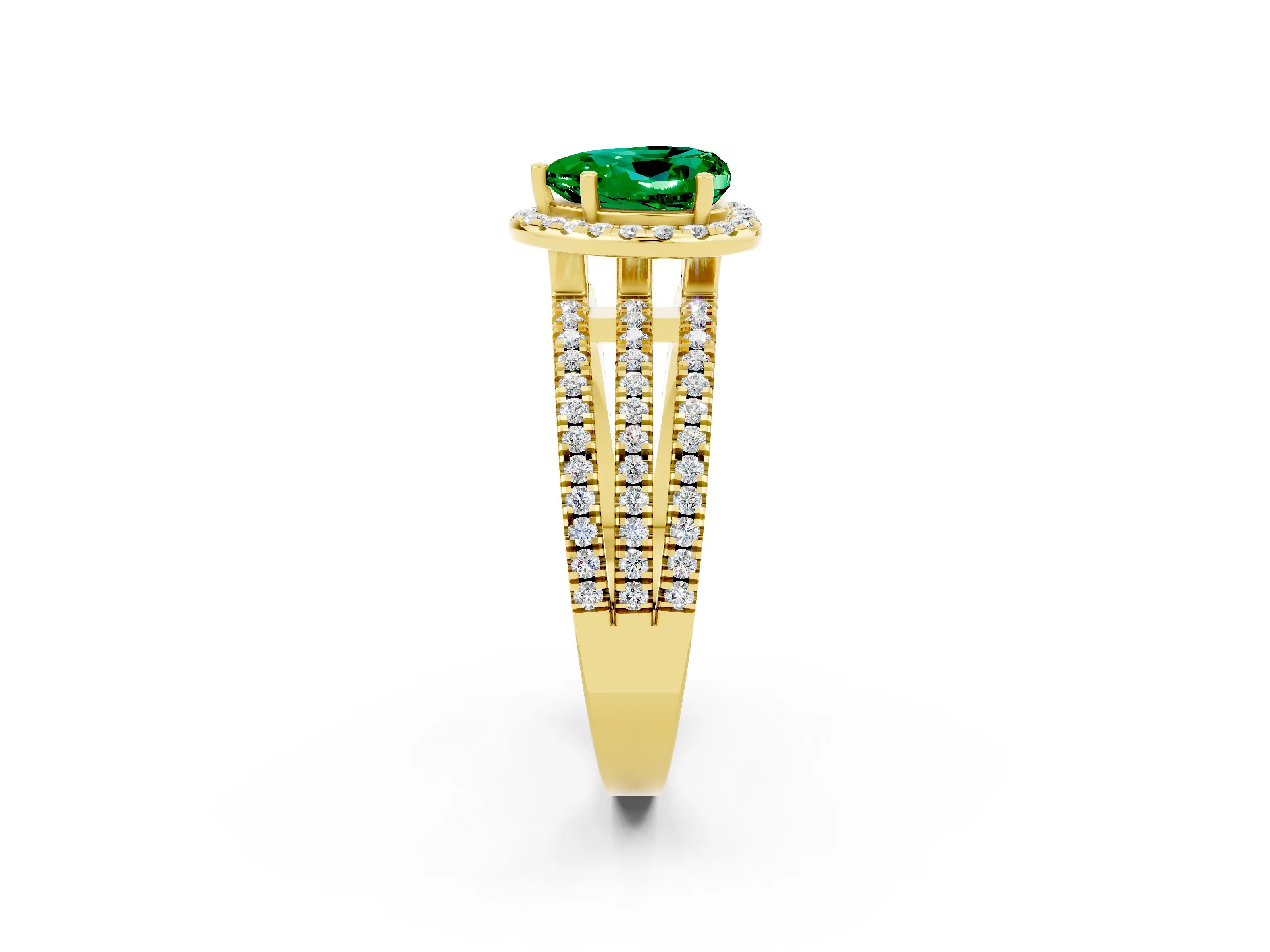 Yellow gold {shape_name} Emerald Halo Engagement Ring with Split Shank and Four-Prong Setting_2