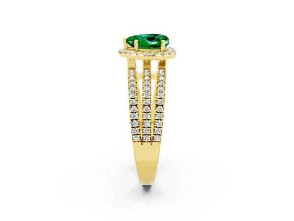 Yellow gold Heart Cut Emerald Halo Engagement Ring with Split Shank and Four-Prong Setting