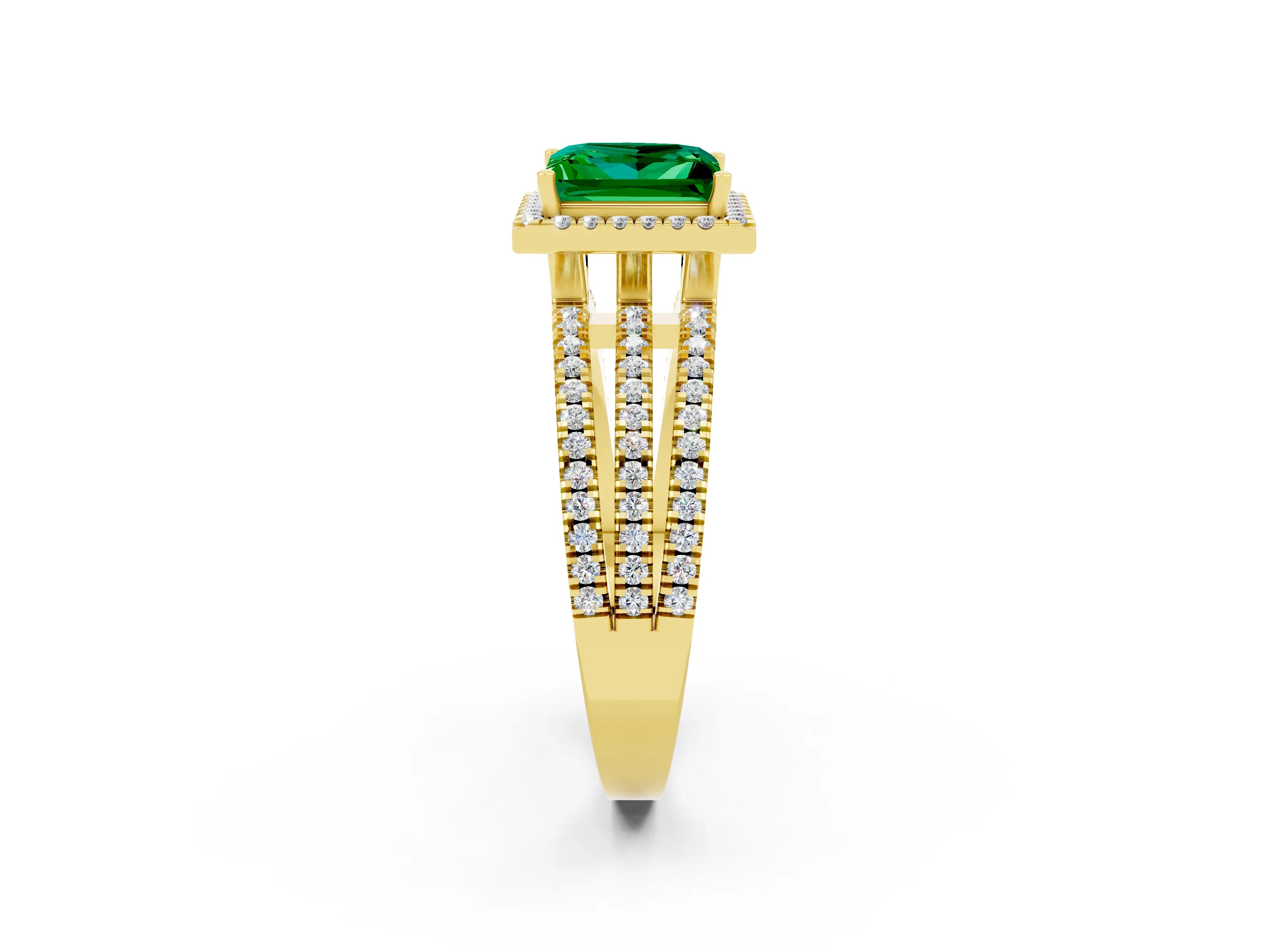 Yellow gold {shape_name} Emerald Halo Engagement Ring with Split Shank and Four-Prong Setting_2