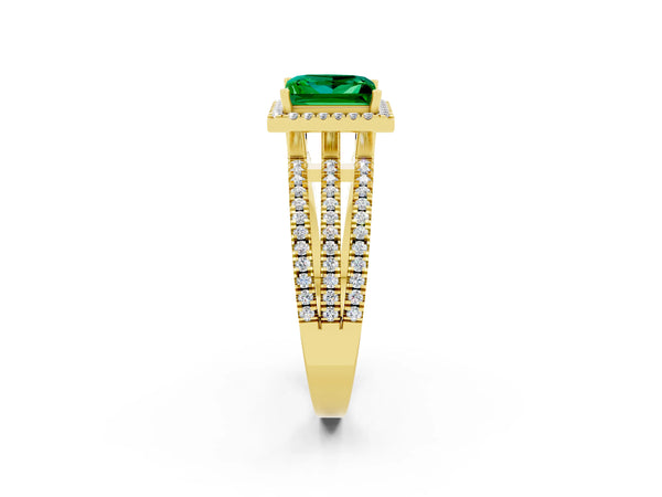 Yellow gold Princess Cut Emerald Halo Engagement Ring with Split Shank and Four-Prong Setting