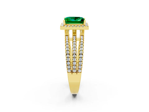 Yellow gold {shape_name} Emerald Halo Engagement Ring with Split Shank and Four-Prong Setting_2