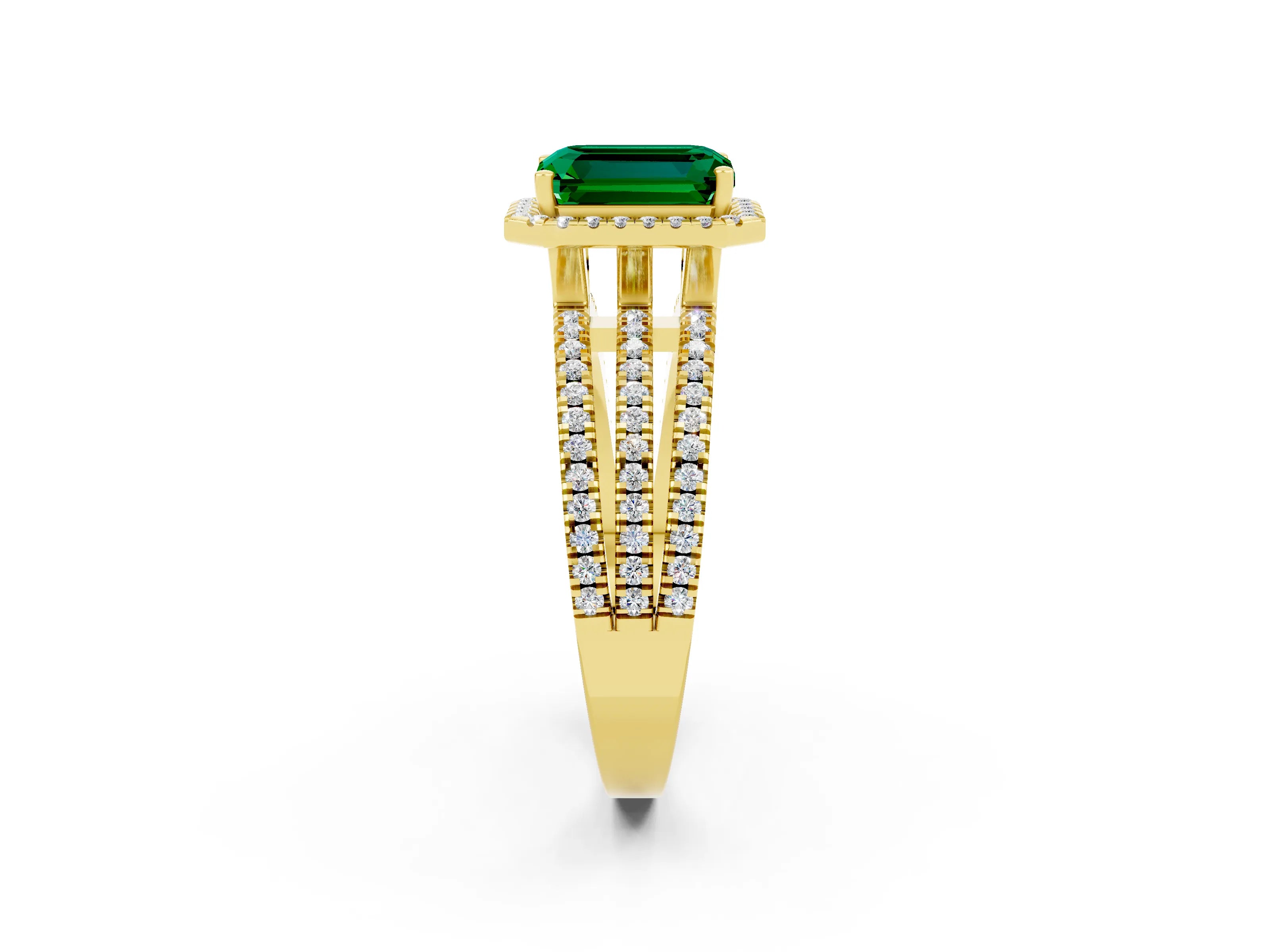 Yellow gold {shape_name} Emerald Halo Engagement Ring with Split Shank and Four-Prong Setting_2