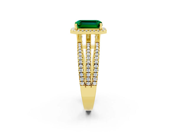 Yellow gold Emerald Cut Emerald Halo Engagement Ring with Split Shank and Four-Prong Setting