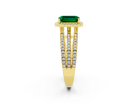 Yellow gold {shape_name} Emerald Halo Engagement Ring with Split Shank and Four-Prong Setting_2