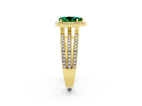 Yellow gold {shape_name} Emerald Halo Engagement Ring with Split Shank and Four-Prong Setting_2