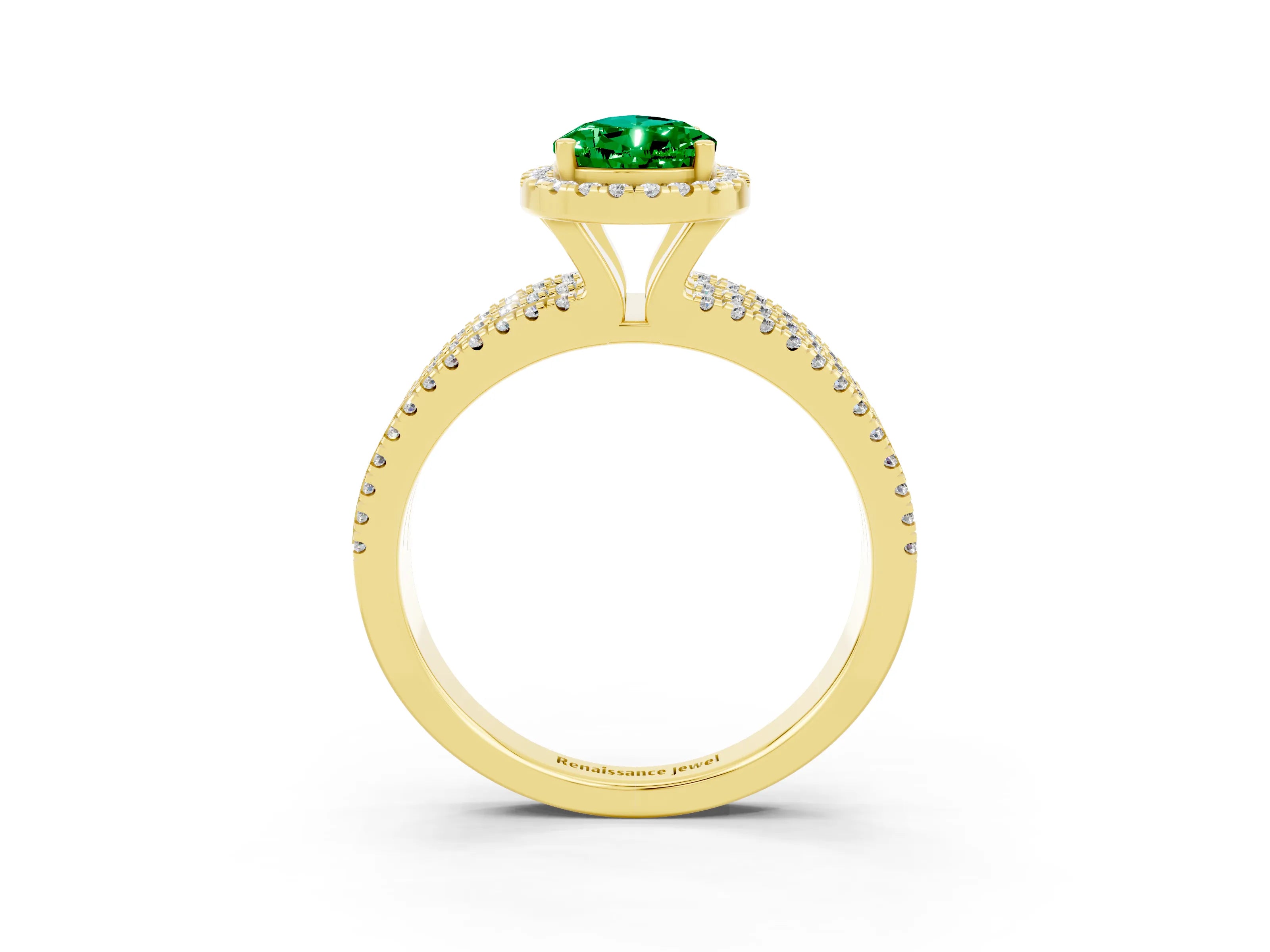 Yellow gold {shape_name} Emerald Halo Engagement Ring with Split Shank and Four-Prong Setting_3