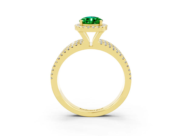 Yellow gold Pear Cut Emerald Halo Engagement Ring with Split Shank and Four-Prong Setting
