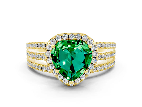 Yellow gold Heart Cut Emerald Halo Engagement Ring with Split Shank and Four-Prong Setting