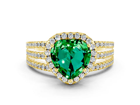Yellow gold {shape_name} Emerald Halo Engagement Ring with Split Shank and Four-Prong Setting