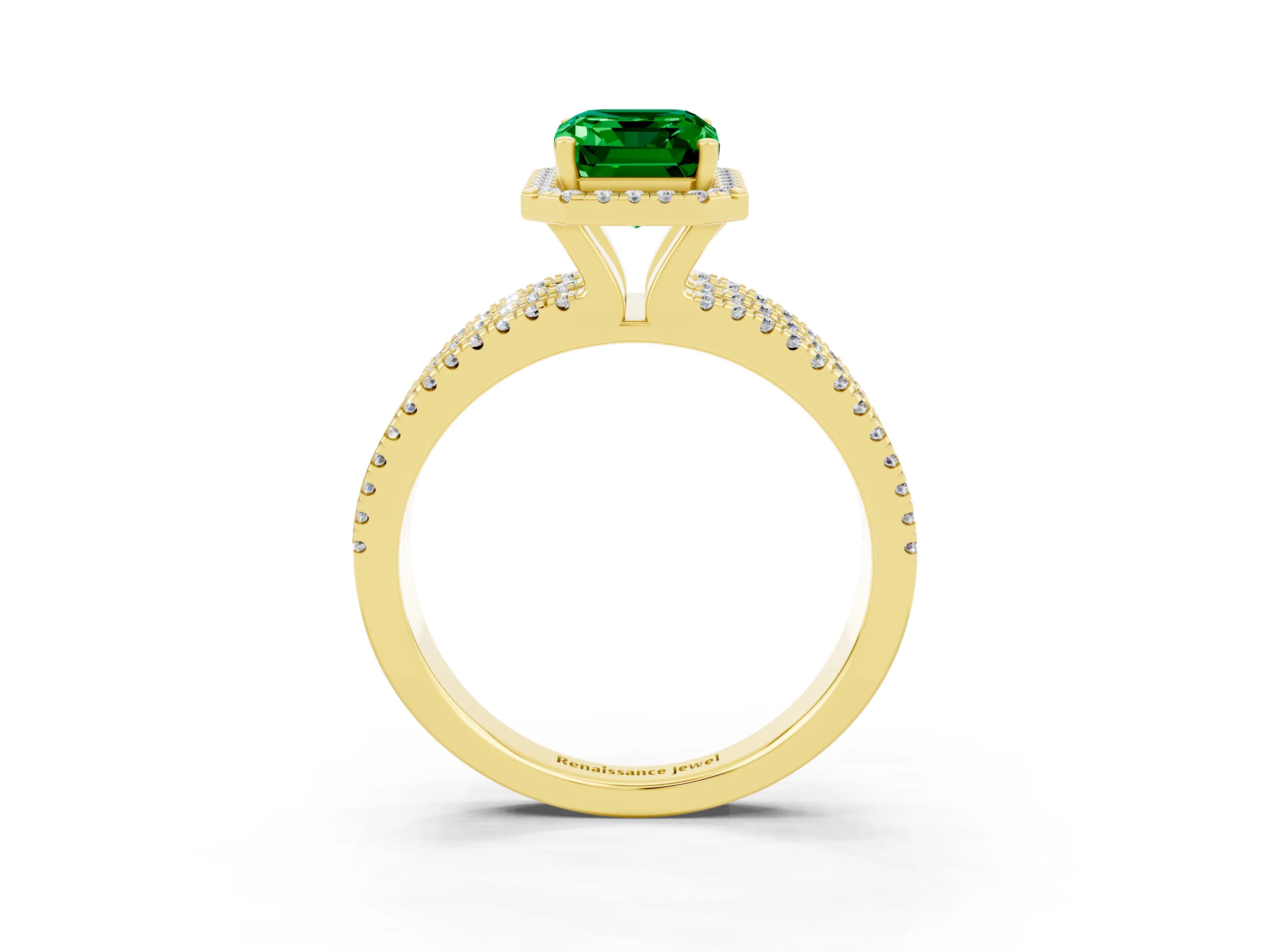 Yellow gold {shape_name} Emerald Halo Engagement Ring with Split Shank and Four-Prong Setting_3