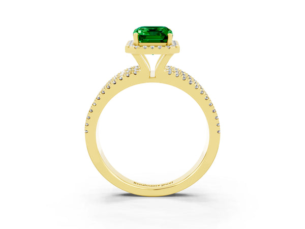 Yellow gold Emerald Cut Emerald Halo Engagement Ring with Split Shank and Four-Prong Setting