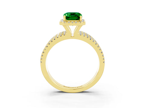 Yellow gold {shape_name} Emerald Halo Engagement Ring with Split Shank and Four-Prong Setting_3