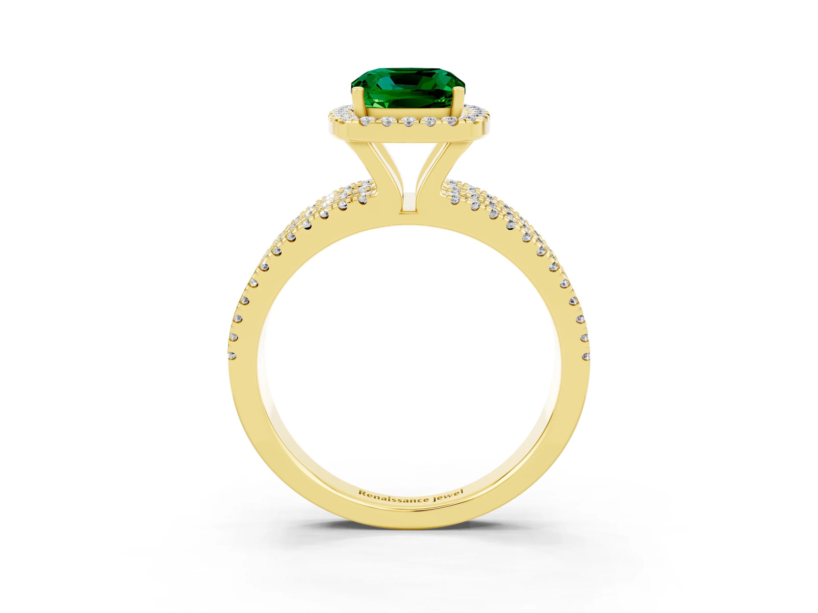 Yellow gold {shape_name} Emerald Halo Engagement Ring with Split Shank and Four-Prong Setting_3