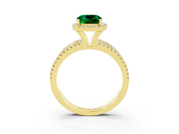 Yellow gold Cushion Cut Emerald Halo Engagement Ring with Split Shank and Four-Prong Setting