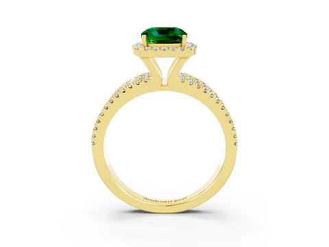 Yellow gold {shape_name} Emerald Halo Engagement Ring with Split Shank and Four-Prong Setting_3