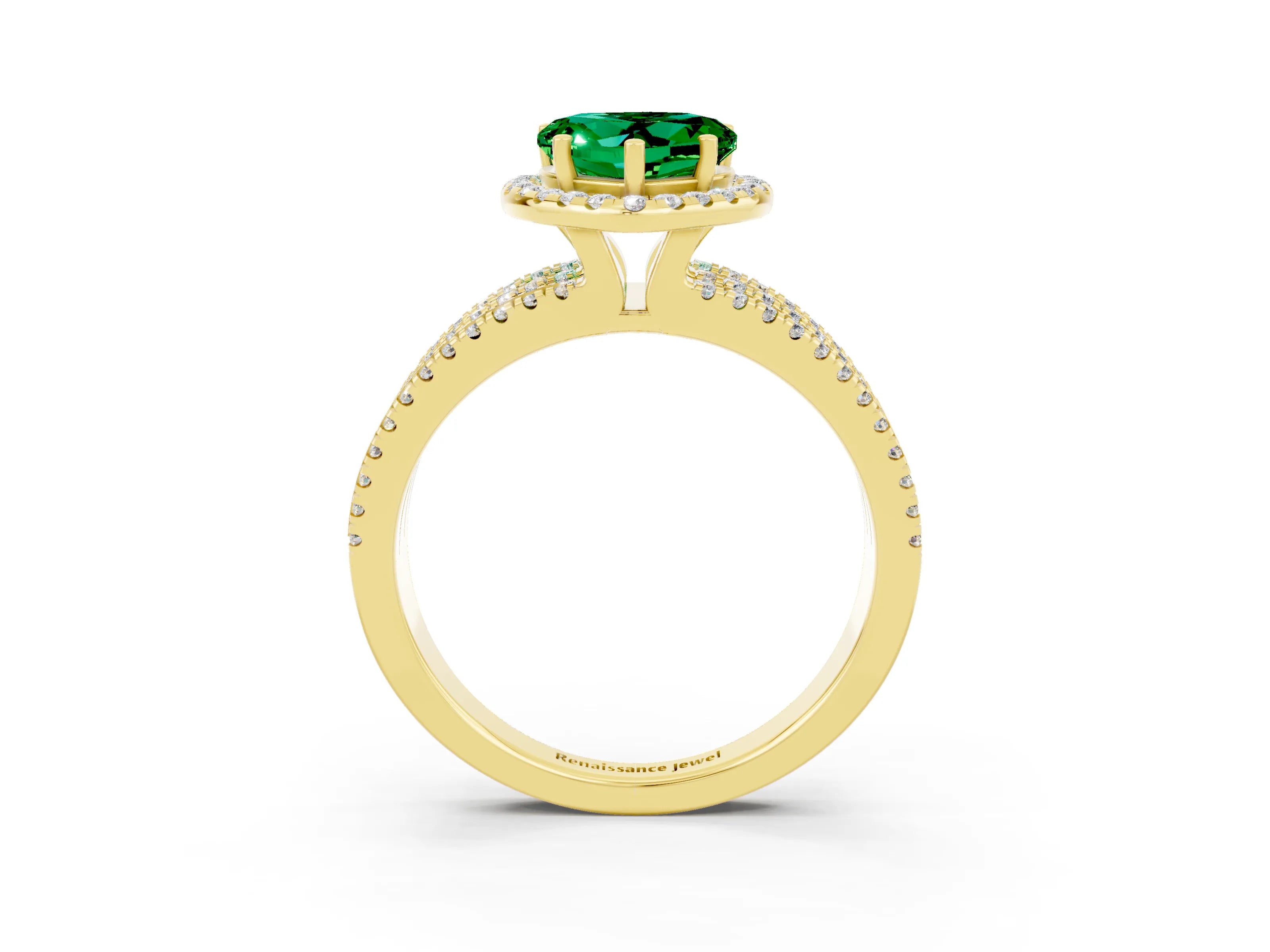 Yellow gold {shape_name} Emerald Halo Engagement Ring with Split Shank and Four-Prong Setting_3