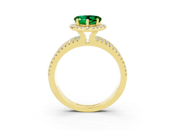 Yellow gold Heart Cut Emerald Halo Engagement Ring with Split Shank and Four-Prong Setting