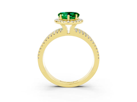 Yellow gold {shape_name} Emerald Halo Engagement Ring with Split Shank and Four-Prong Setting_3