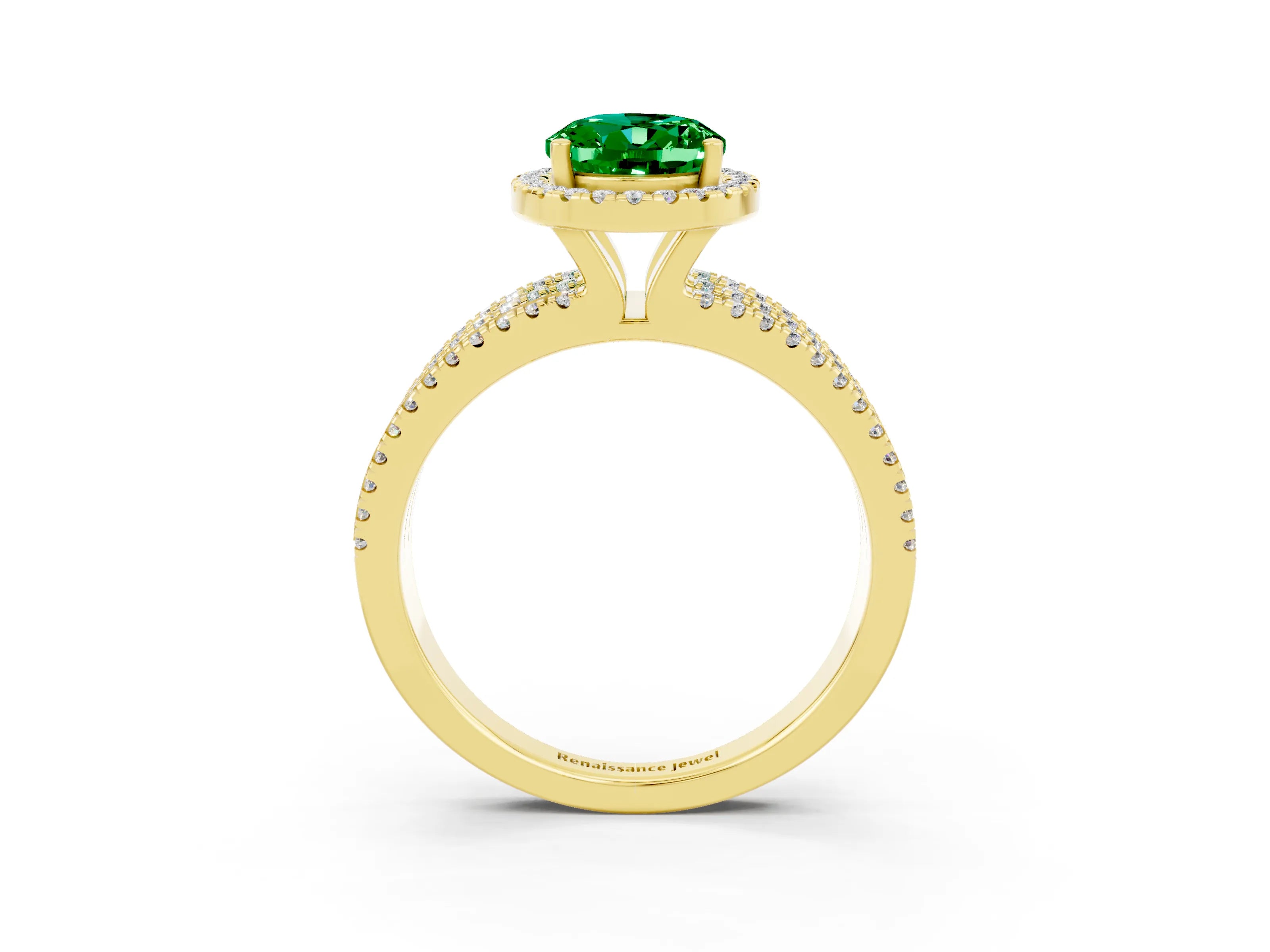 Yellow gold {shape_name} Emerald Halo Engagement Ring with Split Shank and Four-Prong Setting_3