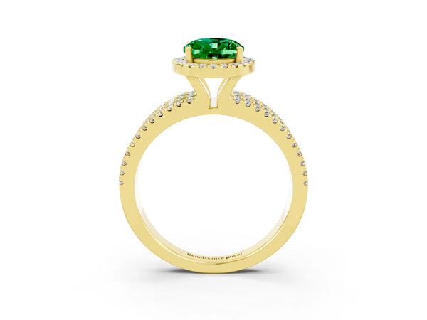 Yellow gold Oval Cut Emerald Halo Engagement Ring with Split Shank and Four-Prong Setting