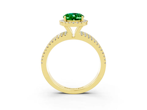 Yellow gold {shape_name} Emerald Halo Engagement Ring with Split Shank and Four-Prong Setting_3