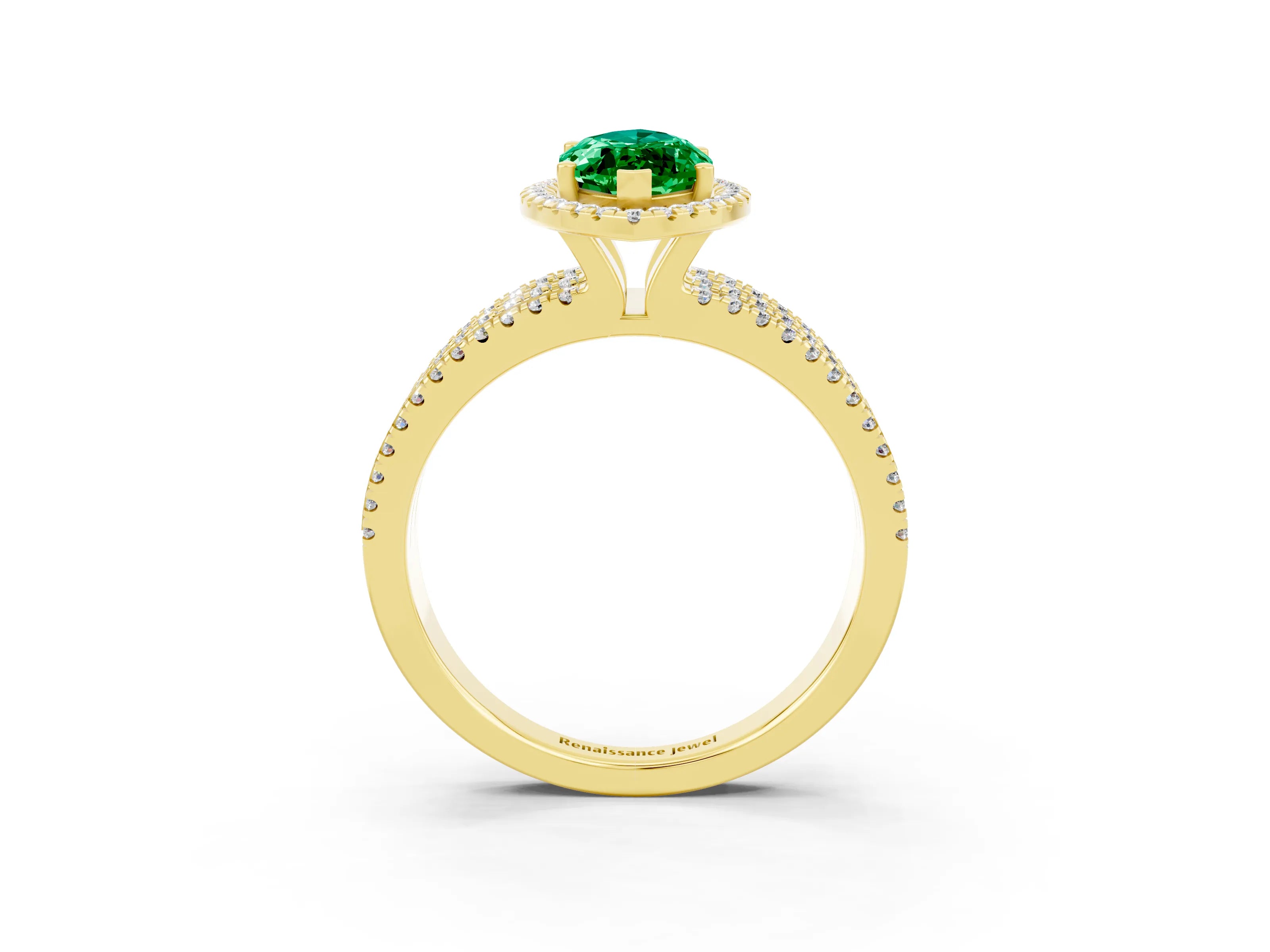 Yellow gold {shape_name} Emerald Halo Engagement Ring with Split Shank and Four-Prong Setting_3