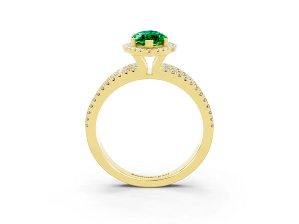 Yellow gold Marquise Cut Emerald Halo Engagement Ring with Split Shank and Four-Prong Setting