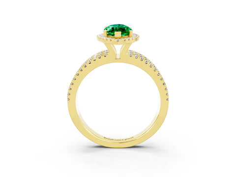 Yellow gold {shape_name} Emerald Halo Engagement Ring with Split Shank and Four-Prong Setting_3