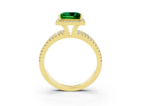 Yellow gold {shape_name} Emerald Halo Engagement Ring with Split Shank and Four-Prong Setting_3