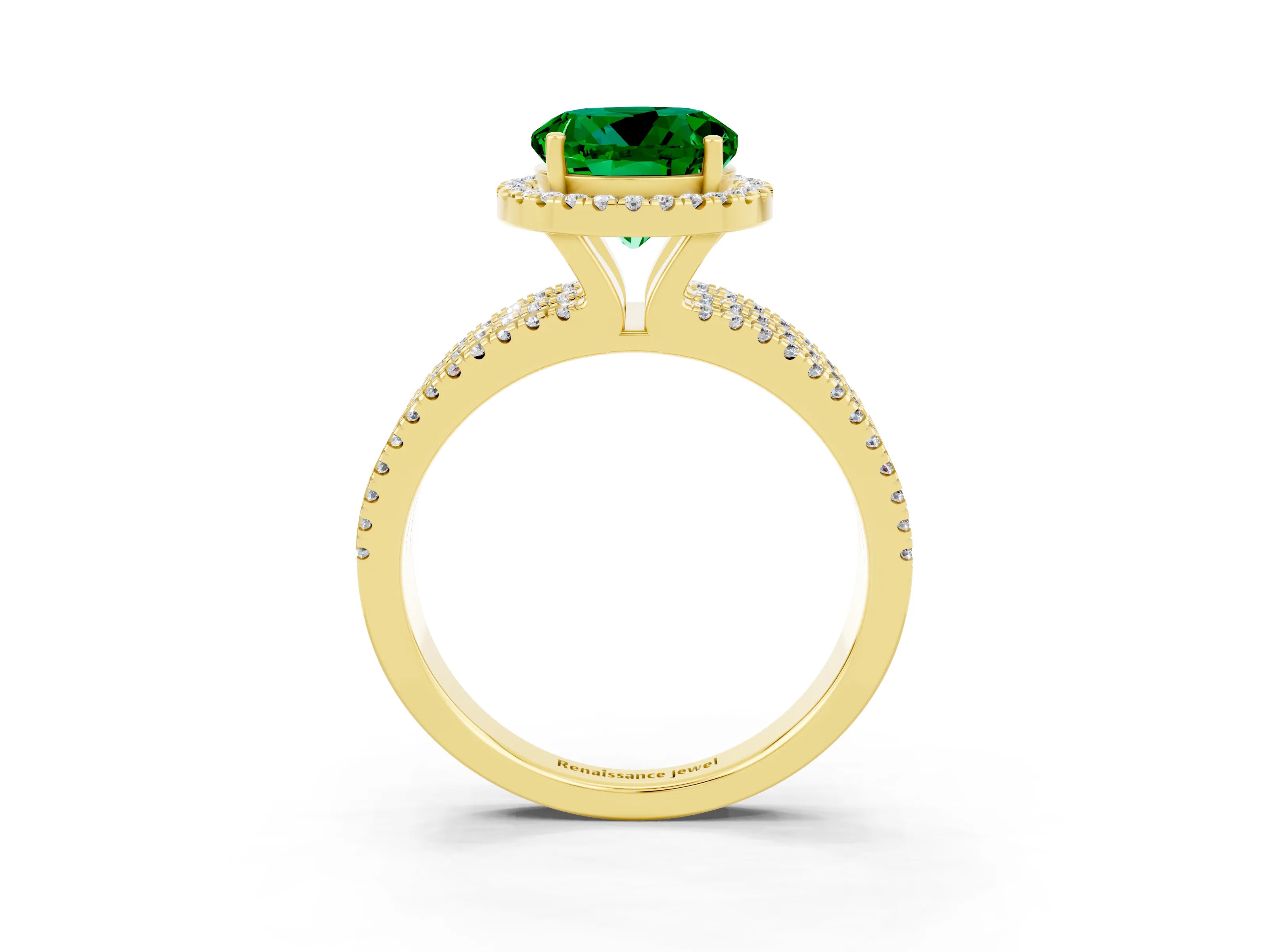 Yellow gold {shape_name} Emerald Halo Engagement Ring with Split Shank and Four-Prong Setting_3