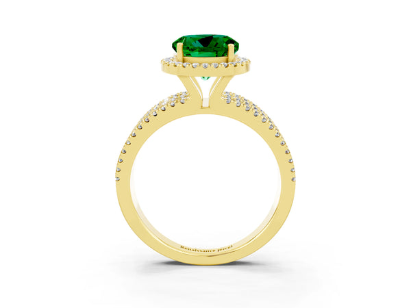 Yellow gold Round Cut Emerald Halo Engagement Ring with Split Shank and Four-Prong Setting