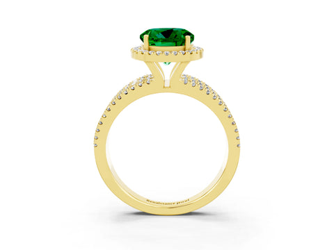 Yellow gold {shape_name} Emerald Halo Engagement Ring with Split Shank and Four-Prong Setting_3