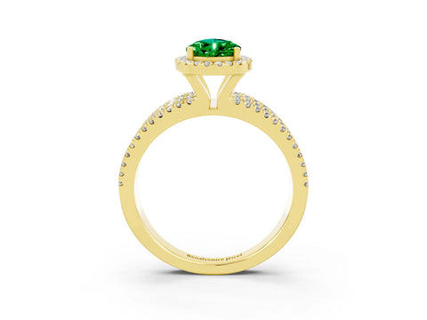 Yellow gold {shape_name} Emerald Halo Engagement Ring with Split Shank and Four-Prong Setting_3