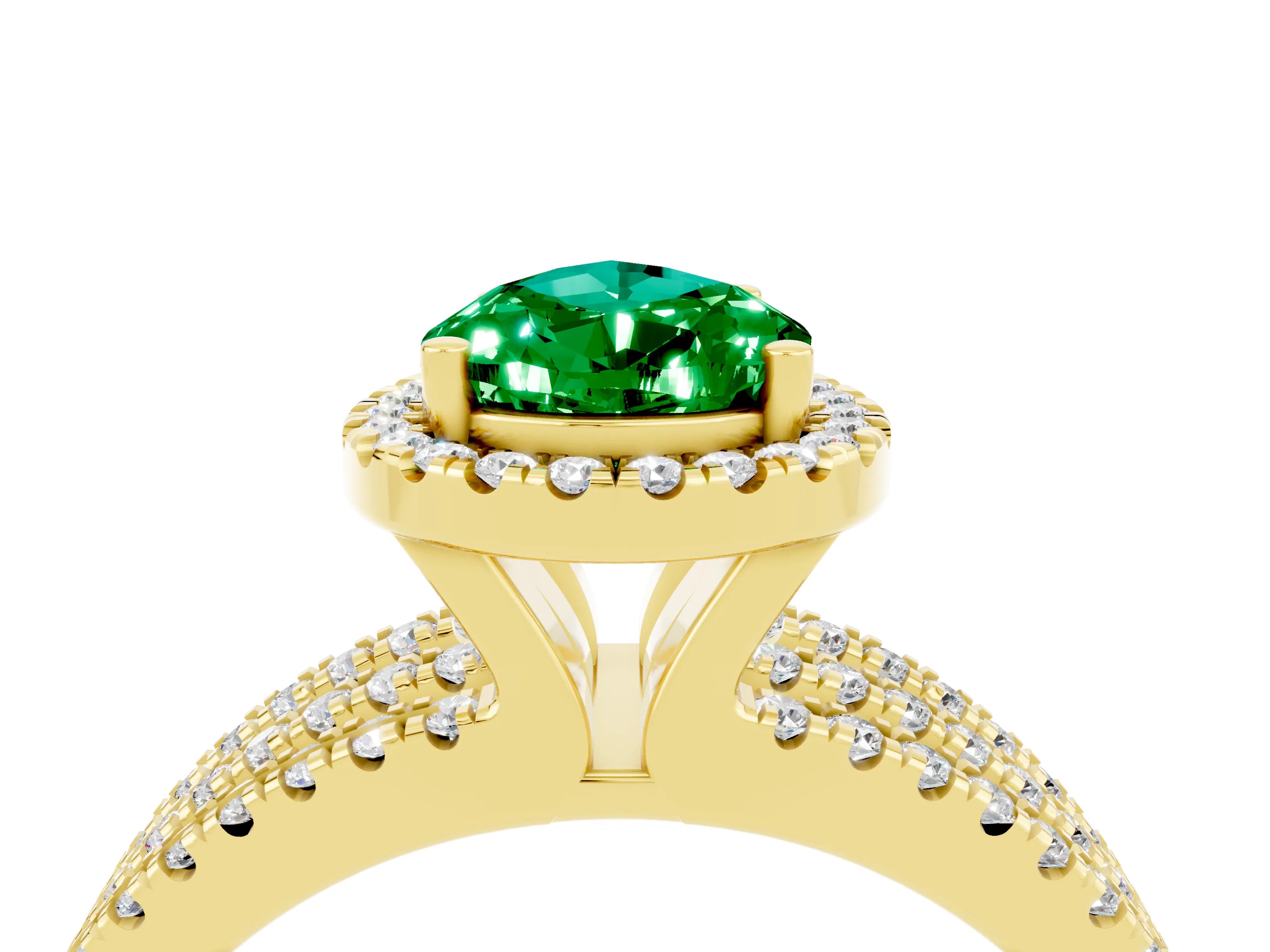 Yellow gold {shape_name} Emerald Halo Engagement Ring with Split Shank and Four-Prong Setting_4