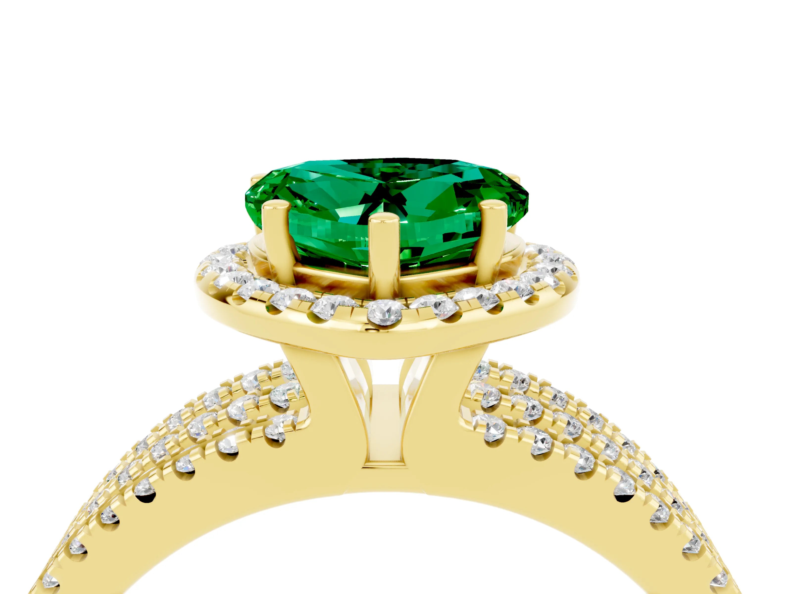 Yellow gold {shape_name} Emerald Halo Engagement Ring with Split Shank and Four-Prong Setting_4