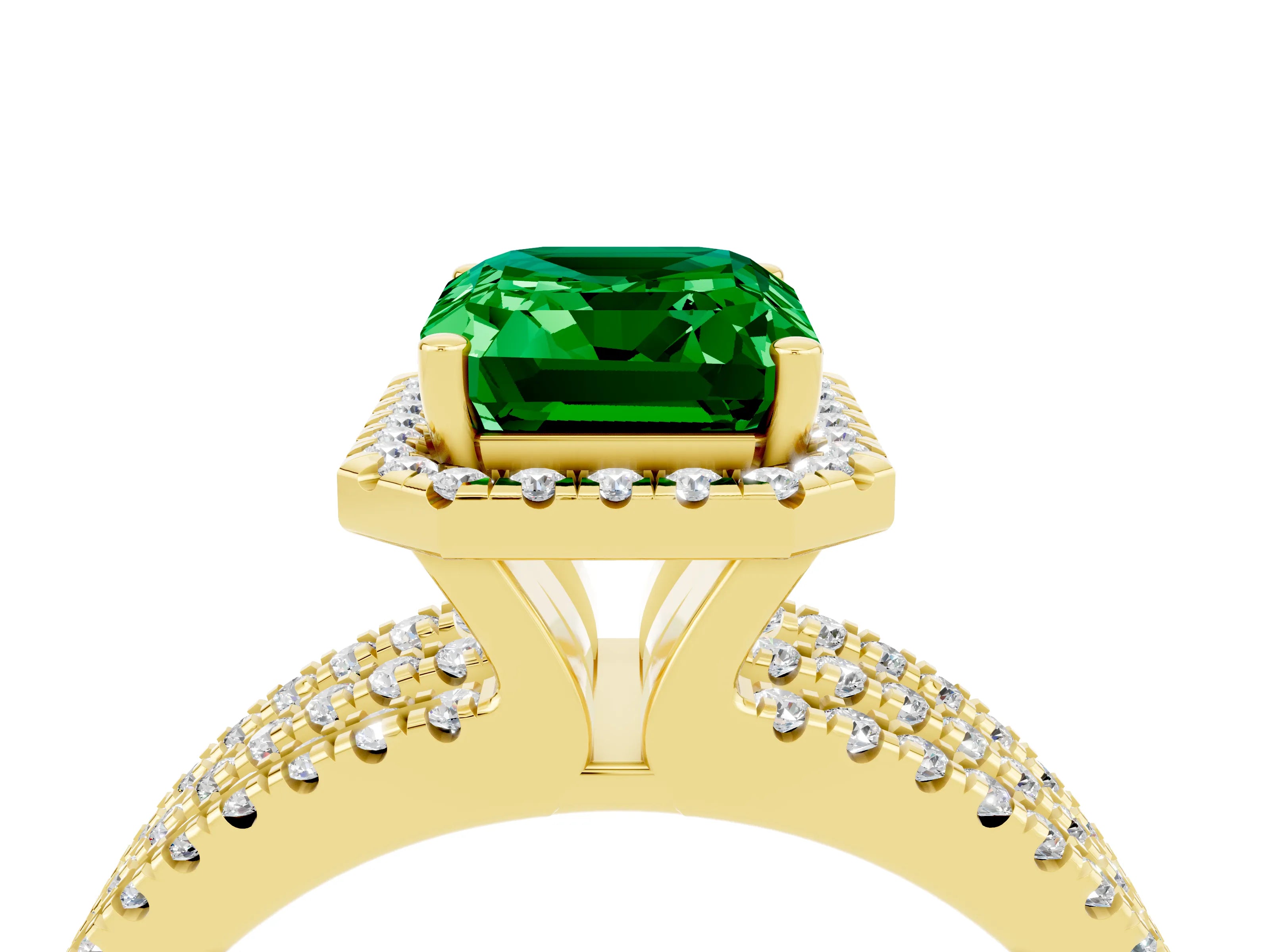 Yellow gold {shape_name} Emerald Halo Engagement Ring with Split Shank and Four-Prong Setting_4