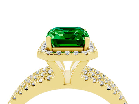 Yellow gold {shape_name} Emerald Halo Engagement Ring with Split Shank and Four-Prong Setting_4