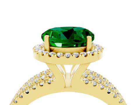 Yellow gold {shape_name} Emerald Halo Engagement Ring with Split Shank and Four-Prong Setting_4