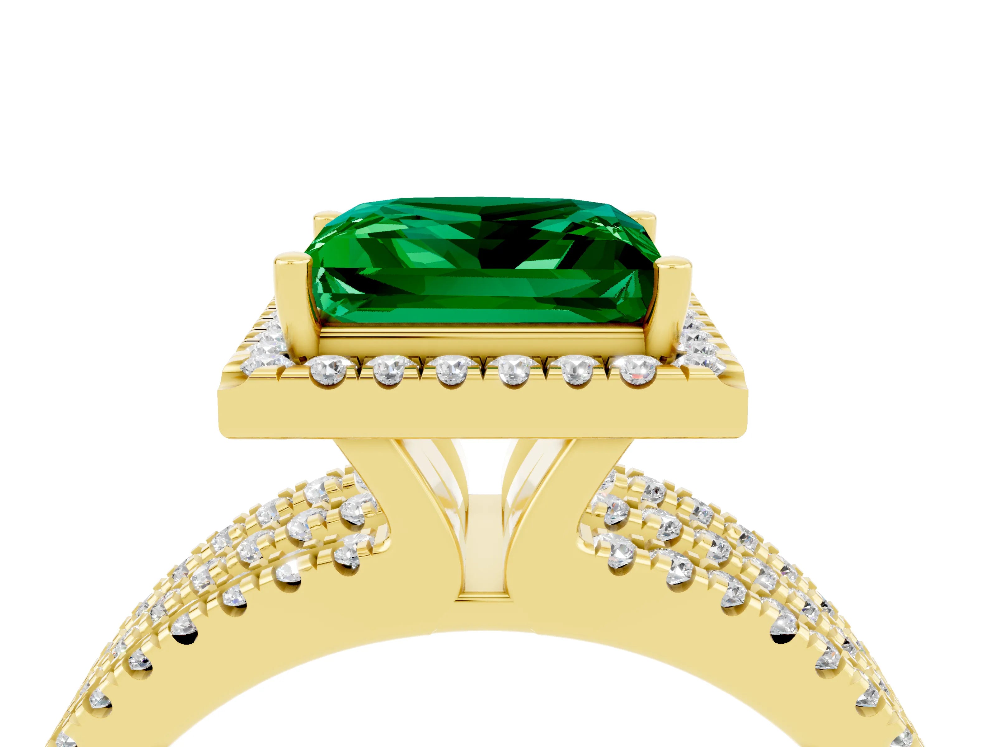 Yellow gold {shape_name} Emerald Halo Engagement Ring with Split Shank and Four-Prong Setting_4
