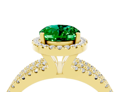 Yellow gold {shape_name} Emerald Halo Engagement Ring with Split Shank and Four-Prong Setting_4