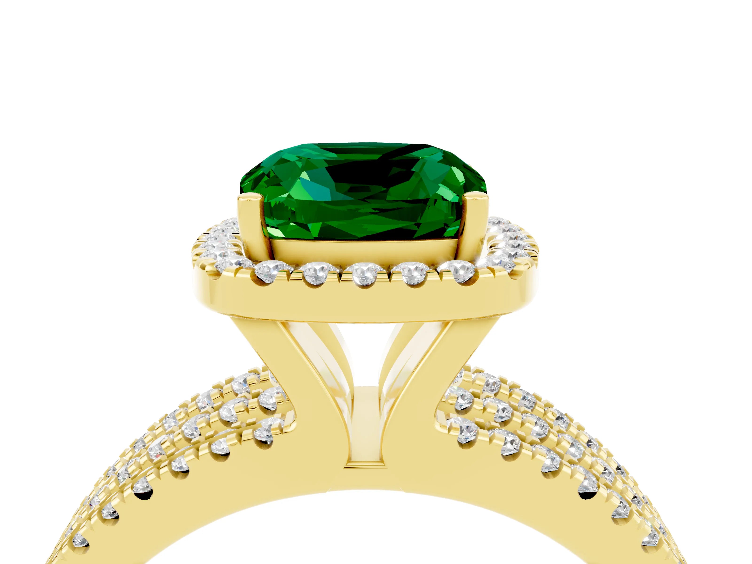 Yellow gold {shape_name} Emerald Halo Engagement Ring with Split Shank and Four-Prong Setting_4