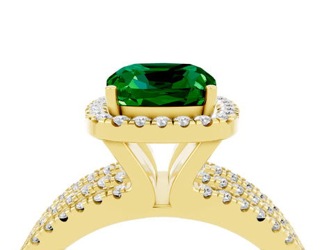 Yellow gold {shape_name} Emerald Halo Engagement Ring with Split Shank and Four-Prong Setting_4