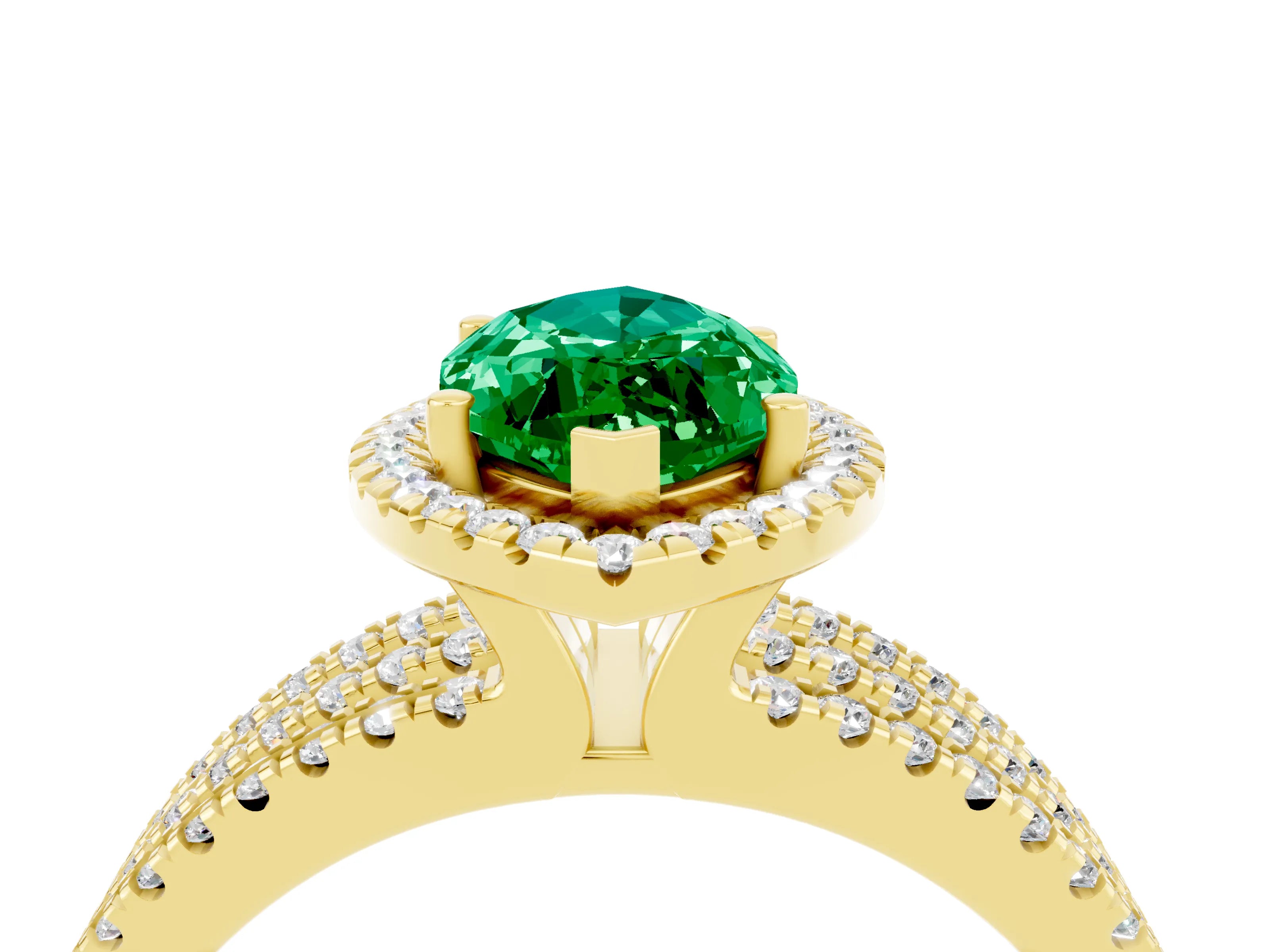 Yellow gold {shape_name} Emerald Halo Engagement Ring with Split Shank and Four-Prong Setting_4