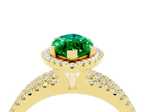 Yellow gold {shape_name} Emerald Halo Engagement Ring with Split Shank and Four-Prong Setting_4