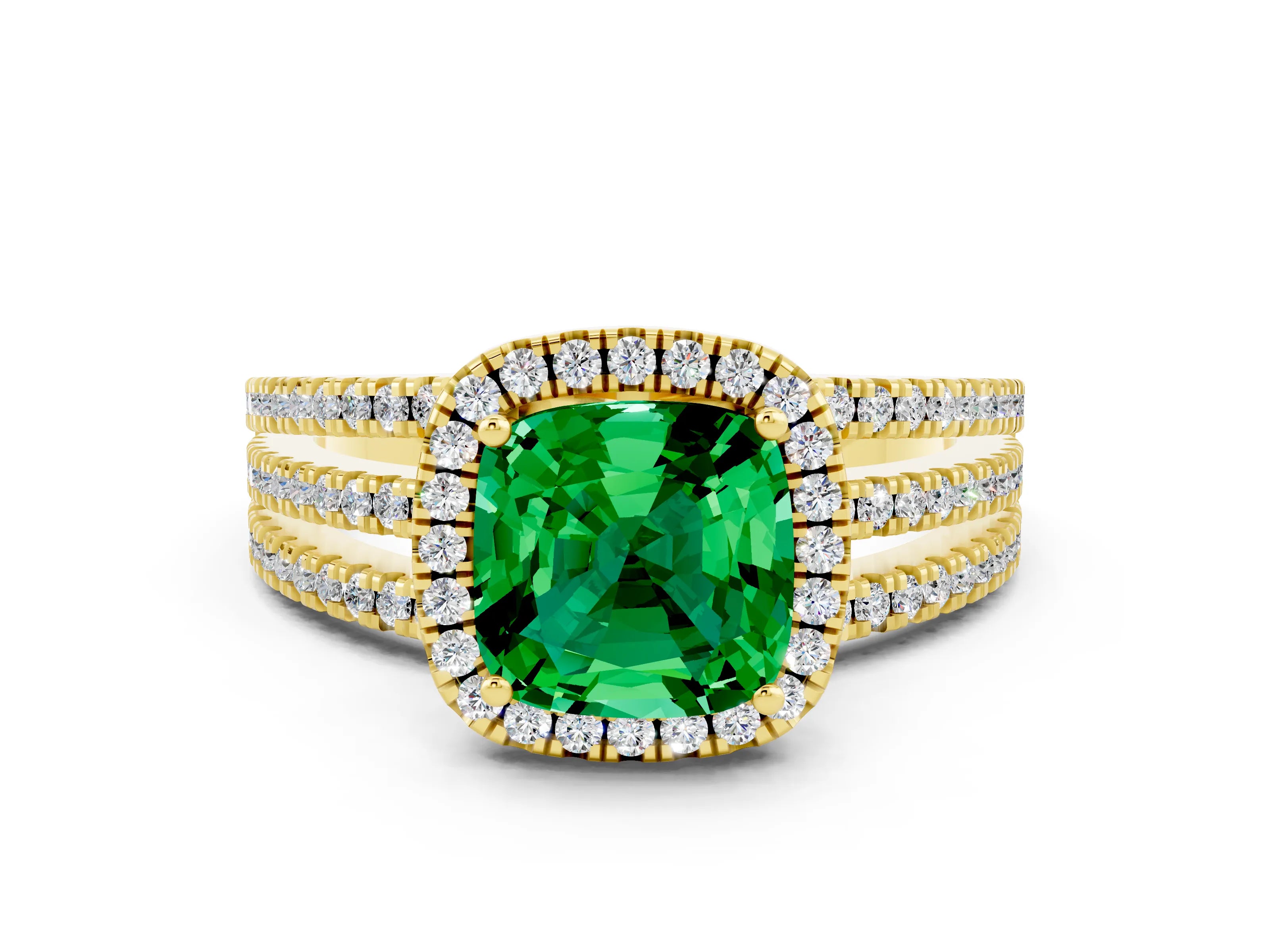 Yellow gold {shape_name} Emerald Halo Engagement Ring with Split Shank and Four-Prong Setting
