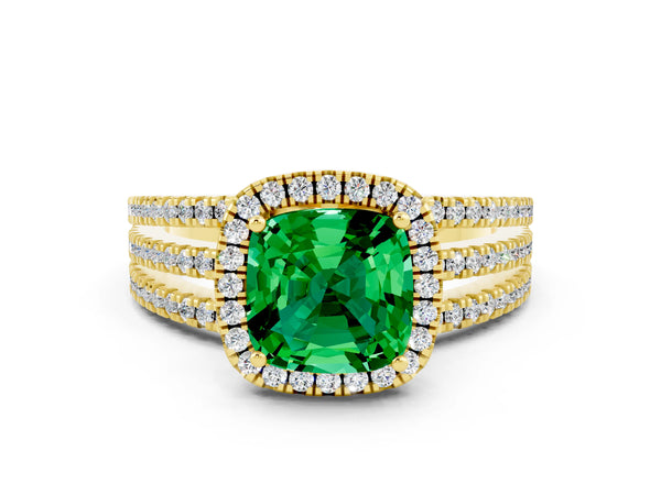 Yellow gold Cushion Cut Emerald Halo Engagement Ring with Split Shank and Four-Prong Setting