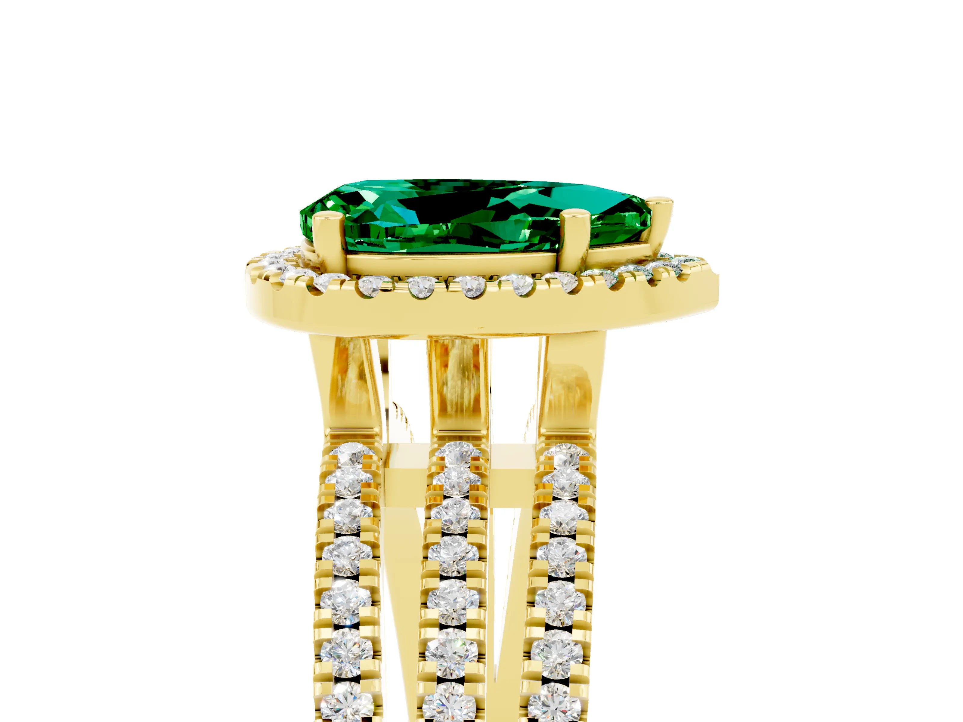 Yellow gold {shape_name} Emerald Halo Engagement Ring with Split Shank and Four-Prong Setting_5