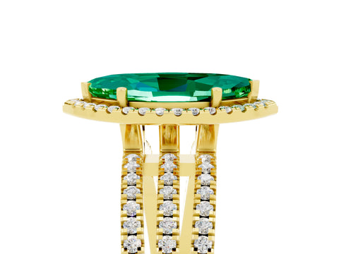 Yellow gold {shape_name} Emerald Halo Engagement Ring with Split Shank and Four-Prong Setting_5