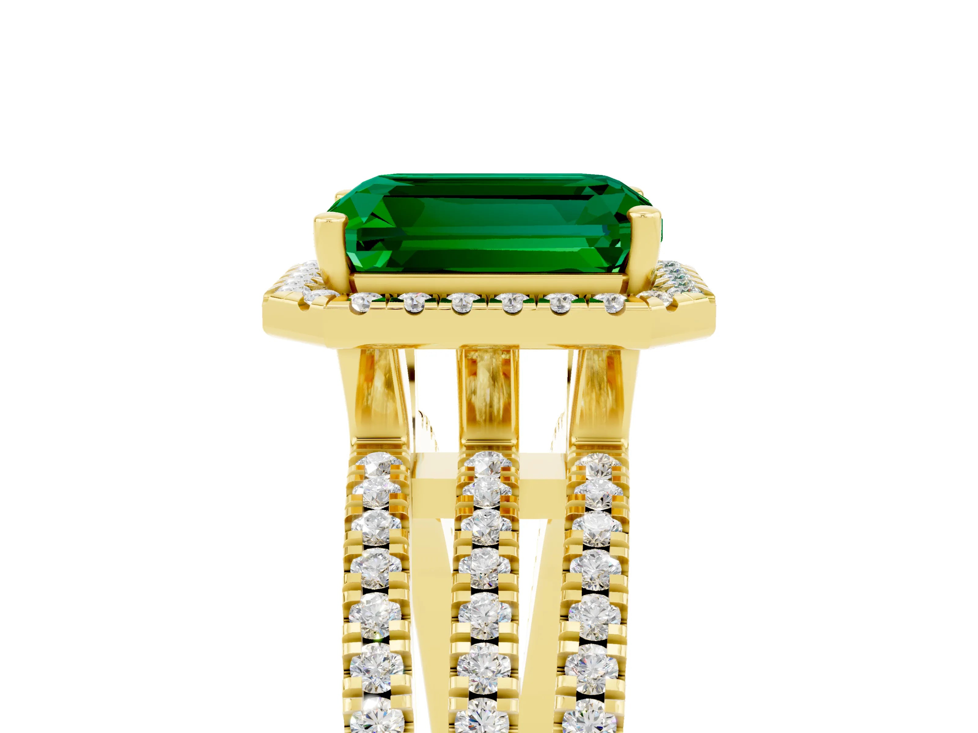 Yellow gold {shape_name} Emerald Halo Engagement Ring with Split Shank and Four-Prong Setting_5